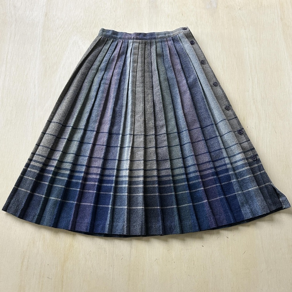 Vintage Juniors 7 Blue Plaid Pleated Side Button Wool Blend School Uniform Skirt